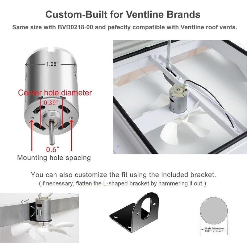 PlusRoc RV Vent Fan 12V Round Shaft Motor Replacement for Ventline BVD0218-00 and 6 inches RV Bathroom Exhaust Ventilation Roof Ceiling White Fan Blades Replacement for Ventline BVD0215-00, 130CFM - Image 3